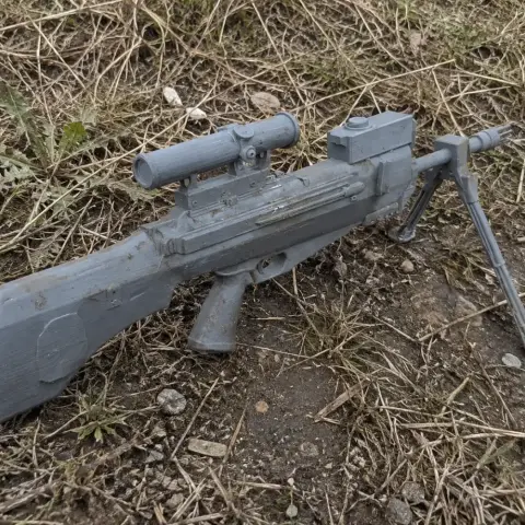 A detailed 3D-printed Daewoo XK8 cosplay prop rifle with scope and bipod, lying on grassy ground.