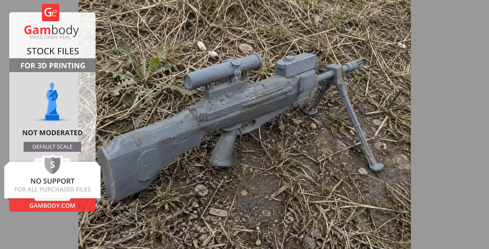 A 3D-printed Daewoo XK8 rifle prop lying on the ground, featuring a scope and bipod.