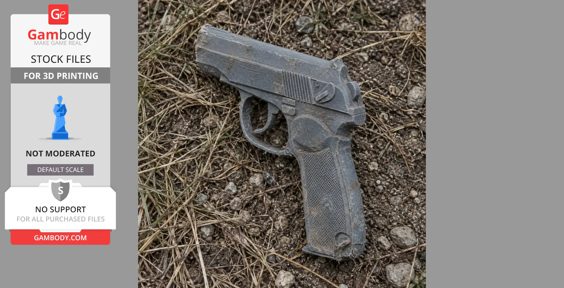 A 3D printed Makarov PM pistol prop, lying on dirt and grass.