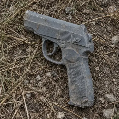 A weathered, 3D-printed Makarov PM prop lying on rocky ground and dry grass.