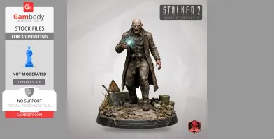 Bald humanoid figure in tattered coat, glowing hand, standing on rocky terrain with debris and skulls.