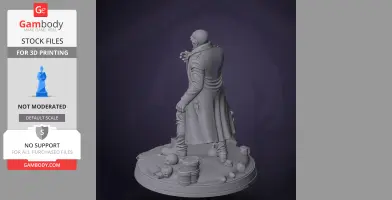 A 3D model of a bald character in a long coat, standing on a detailed base with barrels and debris.