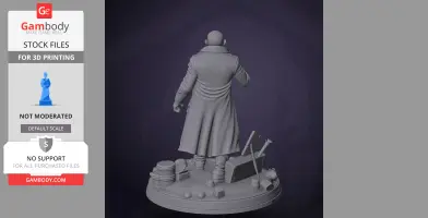 3D model of a figure in a coat, standing on a detailed base with scattered debris and objects.