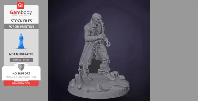 A detailed 3D model of a bald character in a coat, standing on a base with debris, designed for 3D printing.