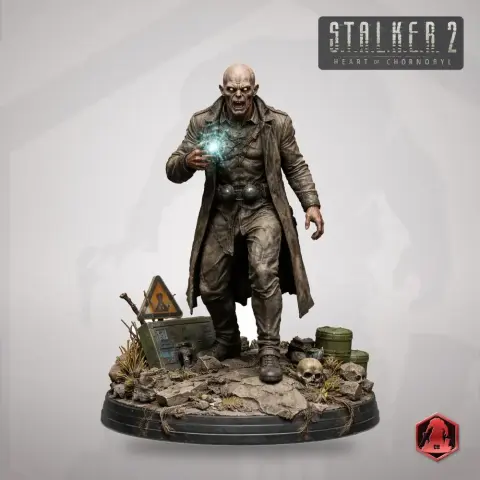 Bald humanoid figure in a long coat with glowing hand, standing on a detailed base with debris and signs.