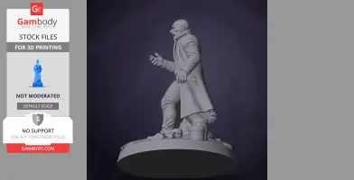 A 3D model of a bald figure in a long coat, posed dramatically on a base with skulls and pipes.