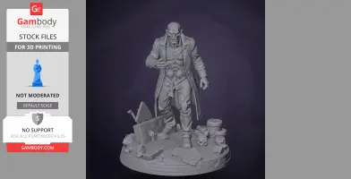 Bald figure in a trench coat, standing on a detailed base with debris and skulls, arms extended slightly forward.