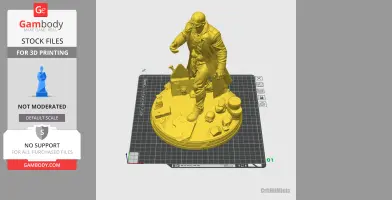 A detailed 3D model of a character in a long coat standing on a themed base with various elements and objects.