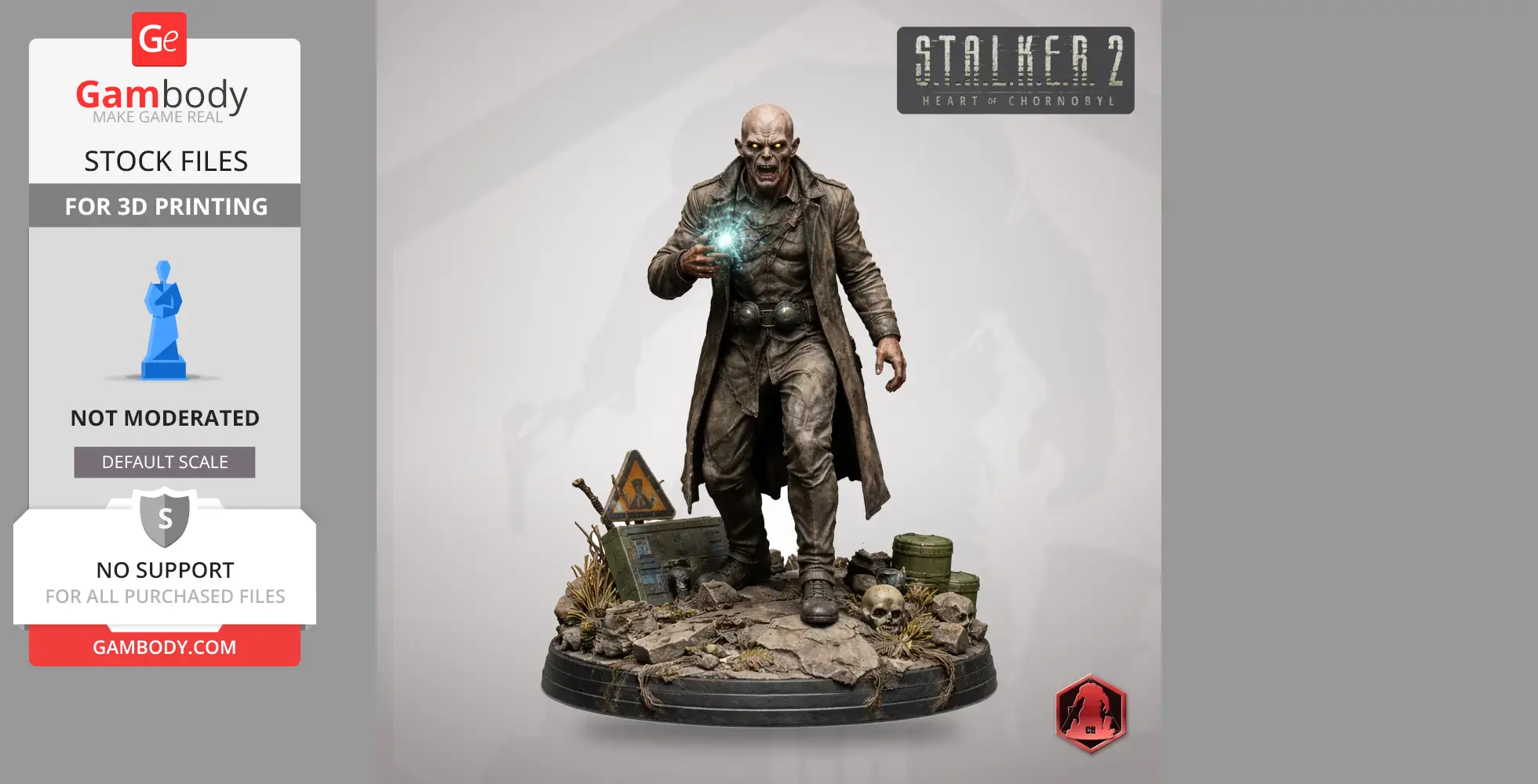 Bald humanoid figure in tattered coat, glowing hand, standing on rocky terrain with debris and skulls.