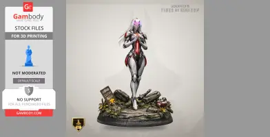 Futuristic armored figure with glowing eyes, standing on a detailed base with rocks and plants.