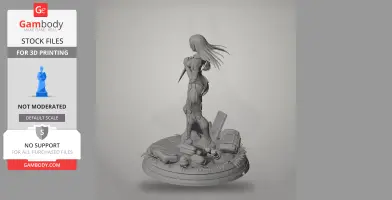 A detailed 3D model of a futuristic armored female character with flowing hair, standing on a themed base.
