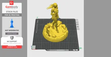A 3D model of a character with flowing hair and armor standing on a detailed circular base.