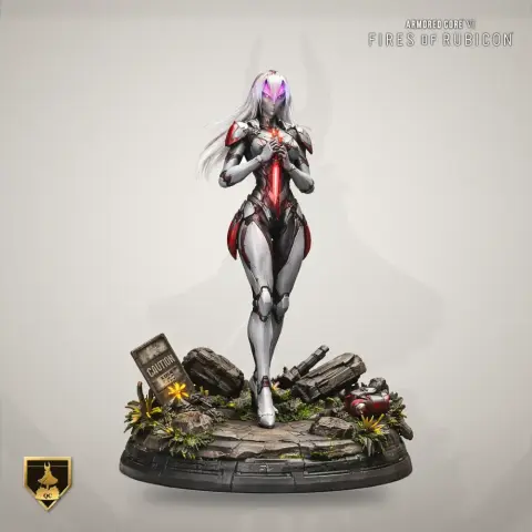 Futuristic armored female figure on a detailed base with plants and caution sign.
