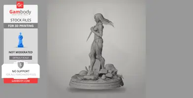 A detailed 3D model of a futuristic armored character holding a sword, standing on a debris-filled base.