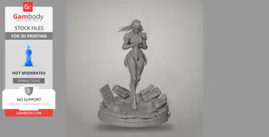 A detailed 3D model of a female character in armor, standing on a themed base with debris and tech elements.