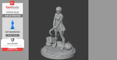 A 3D model of a girl in a dress holding a sickle, standing on a detailed base with a book and lantern.