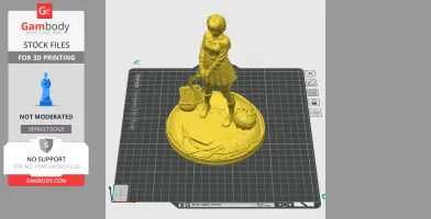 A 3D model of a woman in a dress holding a gas can and saw, standing on a decorative base.