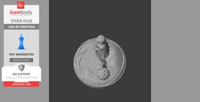 A detailed 3D model of a girl holding a doll, standing on a textured base with vines and objects.