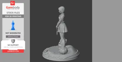 A 3D model of a girl in a pleated skirt holding a knife, standing on a detailed base with vines.