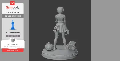 3D model of a girl in a sailor outfit holding a sickle, standing on a base with a pumpkin and suitcase.