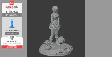 A detailed 3D model of a figure with a knife, skirt, boots, and environmental base with objects.