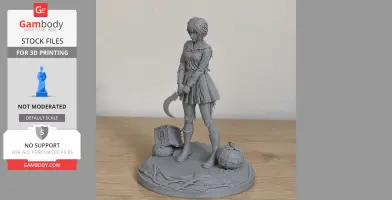 A detailed 3D printed figure of a girl holding a sickle, standing on a base with pumpkins and a book.
