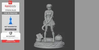 A detailed 3D model of a female character holding a sickle, standing on a base with intricate objects.
