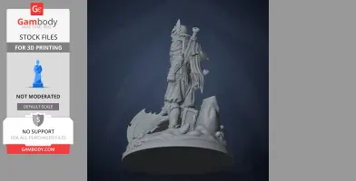 A detailed 3D model of an armored character with a horned helmet, cape, and weapons, standing on a base.