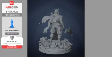 A 3D model of a warrior in armor, holding a weapon, with a flowing scarf and standing on a detailed base.