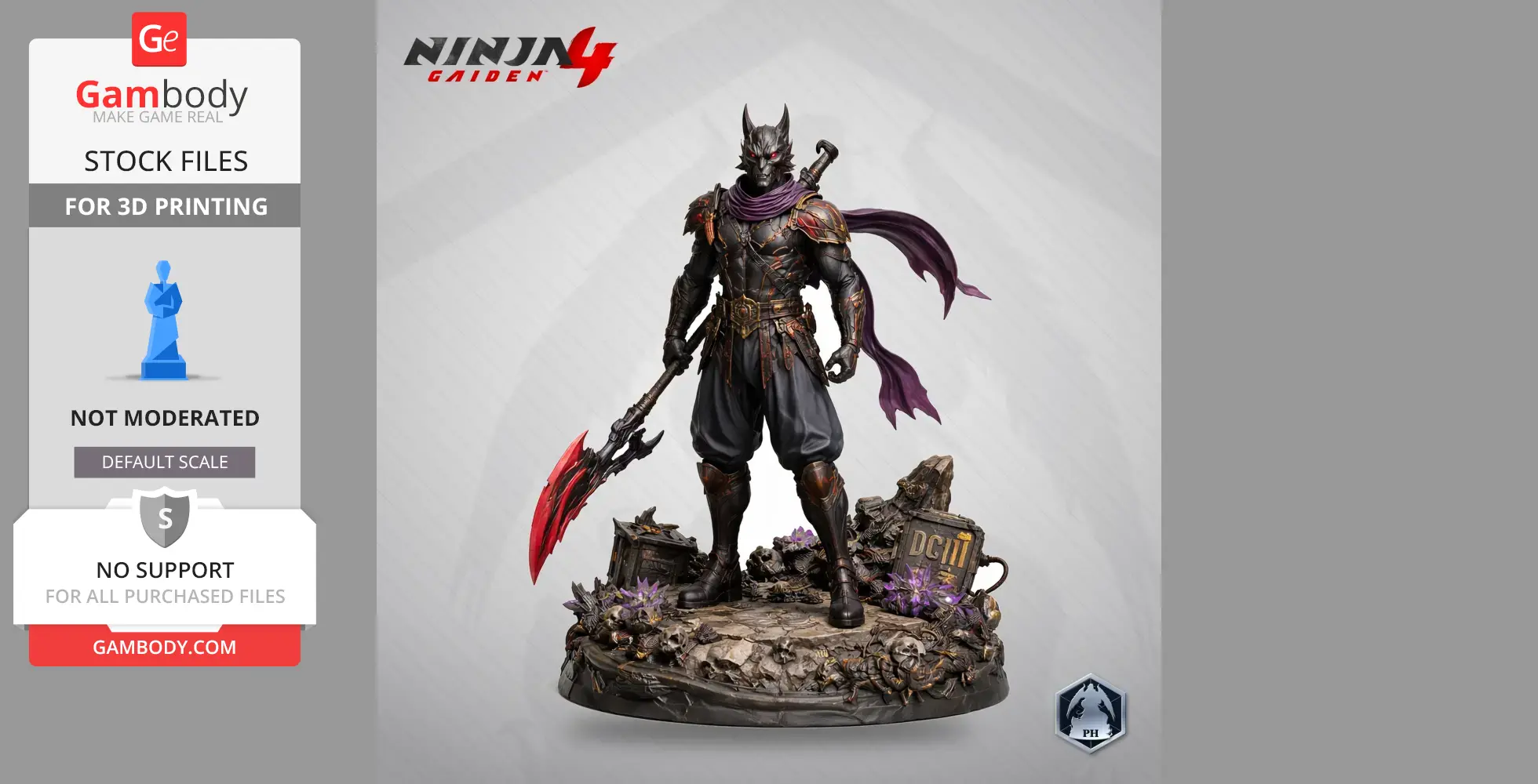 A warrior in armor with a mask and scarf, wielding a red-bladed weapon, stands on a detailed rocky base.