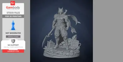 A detailed armored ninja figure with a weapon, standing on a decorated base with boxes and equipment.