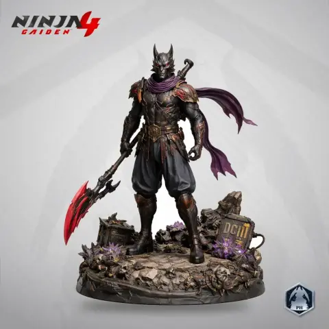 Armored ninja holding a large red-bladed weapon, standing on a detailed rocky base with purple accents.