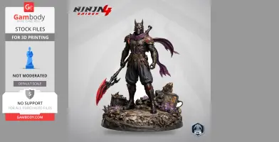 A warrior in armor with a mask and scarf, wielding a red-bladed weapon, stands on a detailed rocky base.