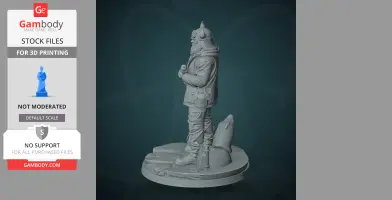 A 3D model of a bearded character in winter clothing, holding an object, standing on a detailed base.