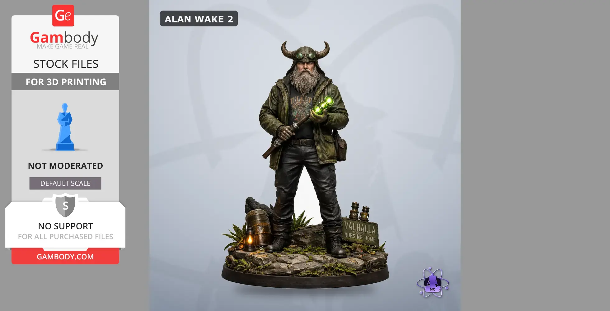 Bearded man with horned helmet holding glowing staff, stands on detailed base with lanterns and sign.