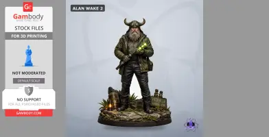 Bearded man with horned helmet holding glowing staff, stands on detailed base with lanterns and sign.