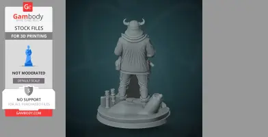 A 3D model of a character in a horned helmet, detailed clothing, standing on a round base with props.
