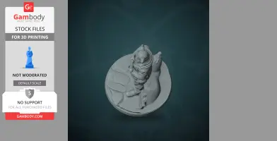 A detailed 3D model of a character in a suit with a helmet, standing on a circular base with a large animal paw.