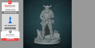 A bearded figure with a horned helmet, holding a bat, stands on a rocky base with various objects.