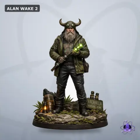 Bearded figure with horned helmet holding a glowing staff, standing on a detailed base with 'Valhalla' sign.