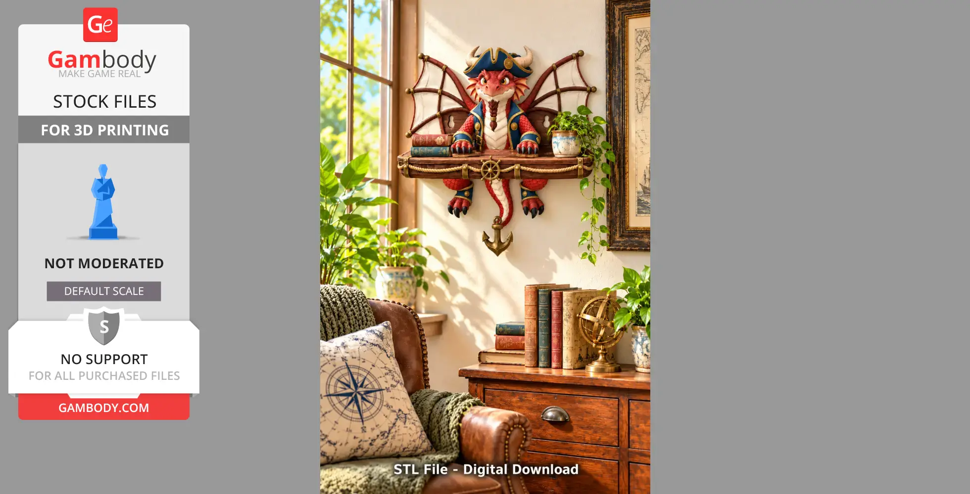 A decorative wall shelf featuring a whimsical pirate dragon figure, adorned with books and a small plant.