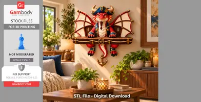 A colorful pirate dragon-themed wall shelf with wings and anchor elements, suitable for 3D printing.