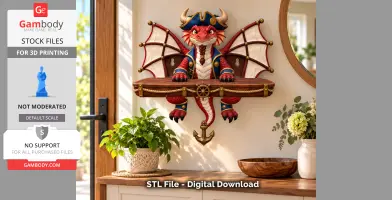 Red dragon shelf design with pirate hat and wings, mounted on a wooden wall shelf, decorative and detailed.