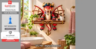 A colorful dragon wall shelf with a pirate theme, holding items like plants and makeup brushes.