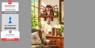 A decorative wall shelf featuring a whimsical pirate dragon figure, adorned with books and a small plant.