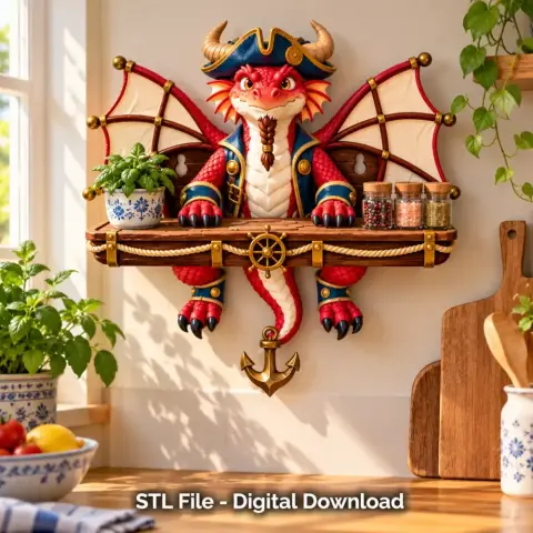 A colorful pirate dragon wall shelf adorned with nautical elements, spices, and plants.