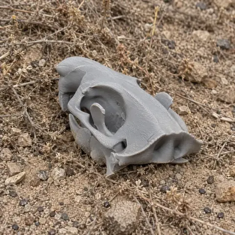 A 3D-printed beaver skull replica, gray in color, resting on dry, rocky ground.
