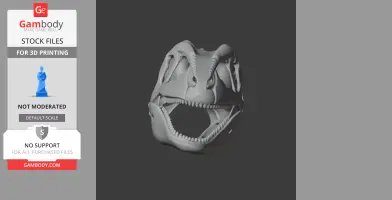 3D model of a dinosaur skull with an open mouth, showing detailed teeth and bone structure.