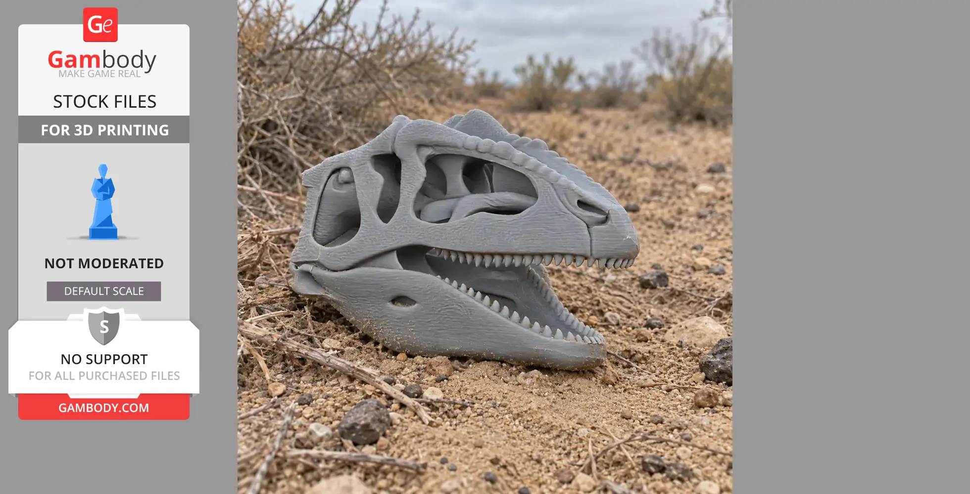 3D printed Gigantoscelus skull replica on a rocky, desert-like terrain.
