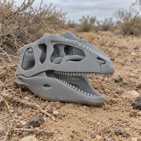 3D-printed Gigantoscelus dinosaur skull replica lying on sandy, desert terrain.